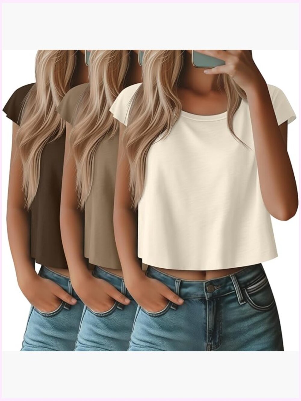 3 Pack Crop Tops Cap Sleeve Crew Neck Loose Fit Cotton Blend Tees